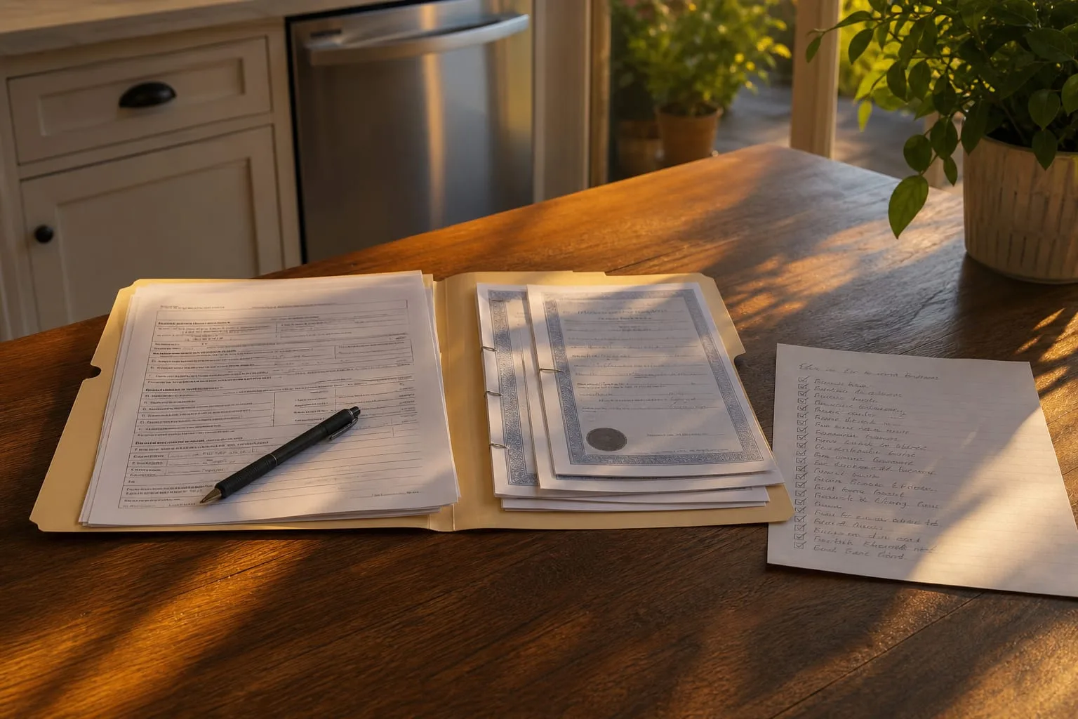A manila folder open on a kitchen table holding printed forms, a pen, and several stapled certified document copies, with a handwritten single-page checklist...