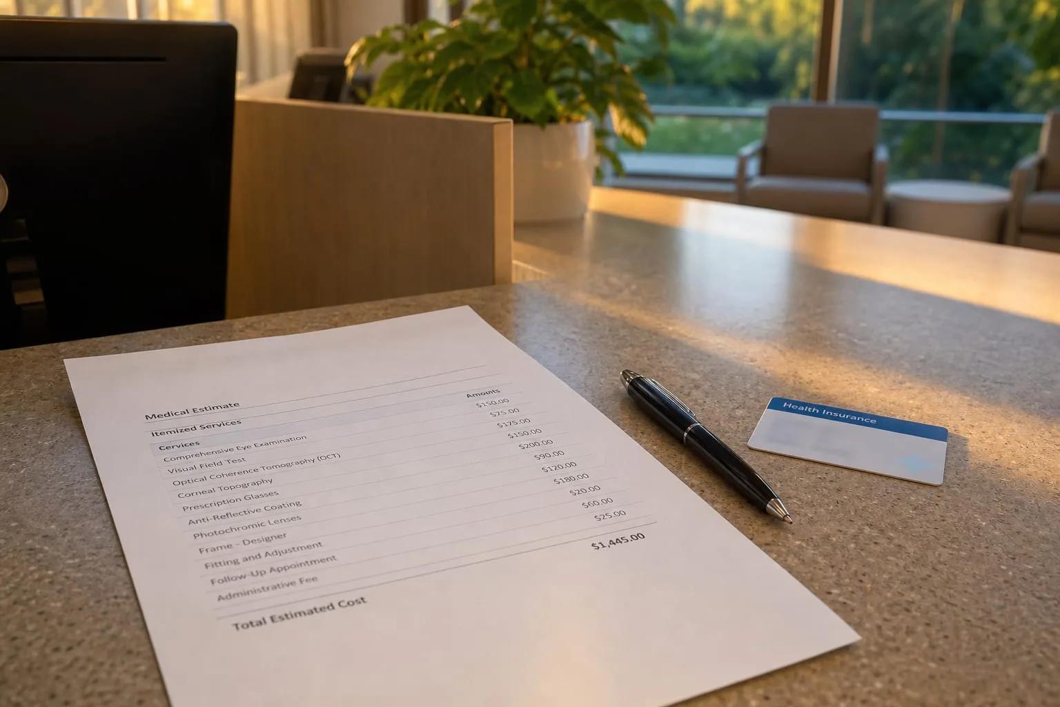 A printed itemized medical estimate on a clinic reception counter beside a pen and an insurance card