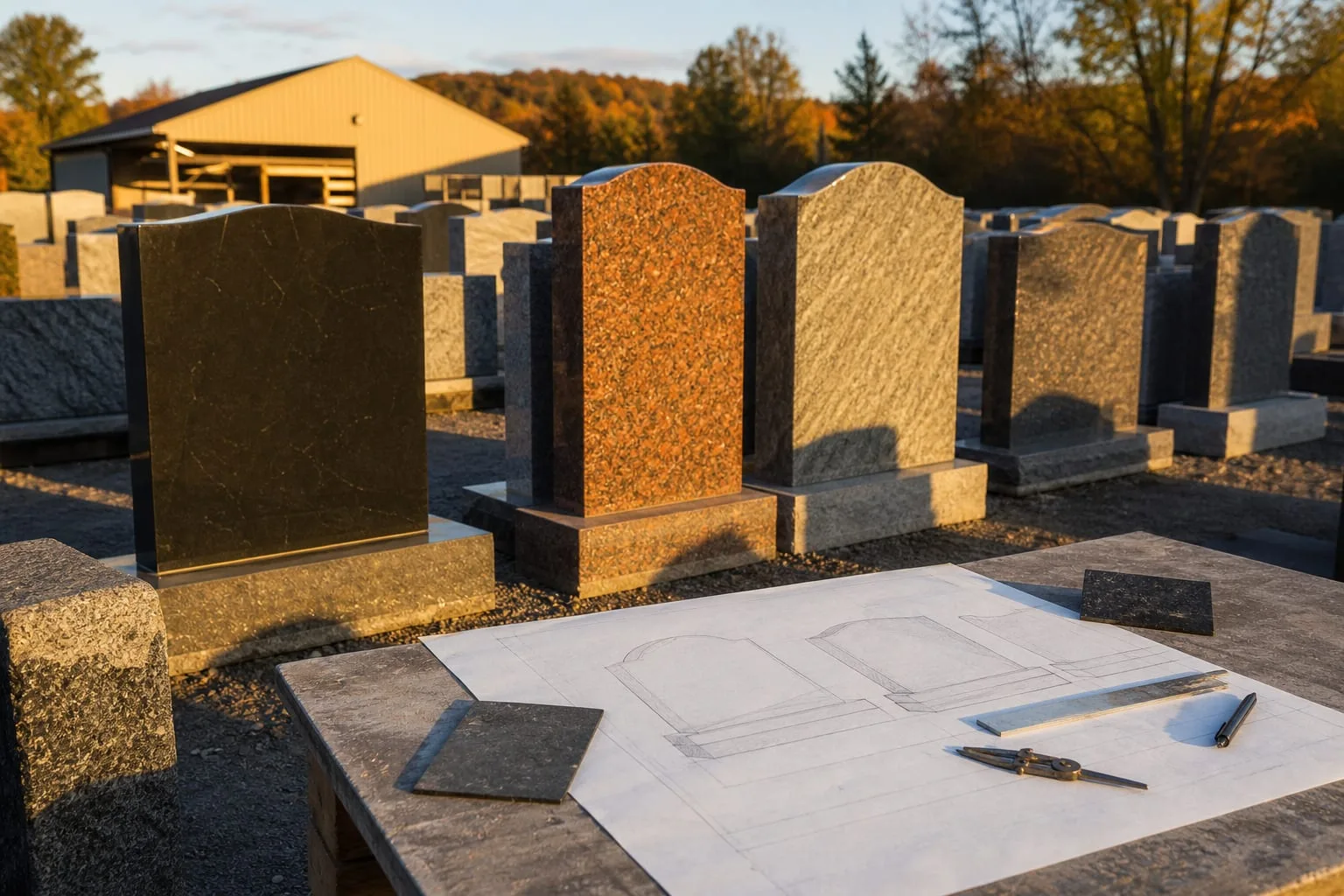 A granite monument shop yard with upright headstone blanks in several colors standing in rows, a scaled paper layout drawing on a workbench in the foreground