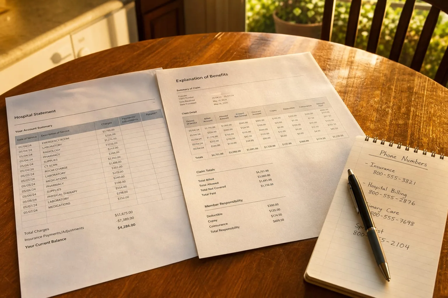 An itemized hospital statement and an insurance explanation of benefits laid side by side on a kitchen table, with a pen and a notepad listing phone numbers
