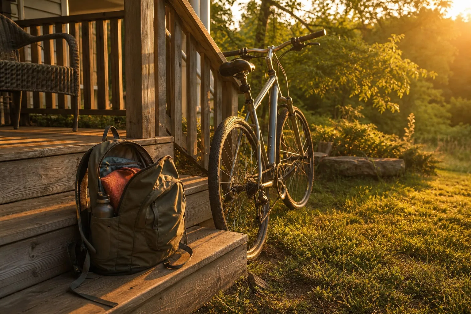 A back porch step in late afternoon with an open backpack sitting beside it and a bicycle propped against the railing