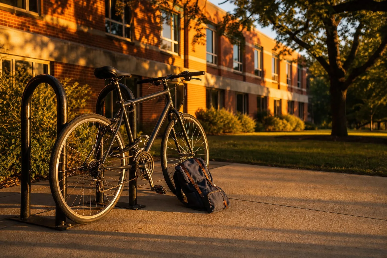 A student's bicycle chained to a rack outside a low brick campus building with a backpack resting against the wheel