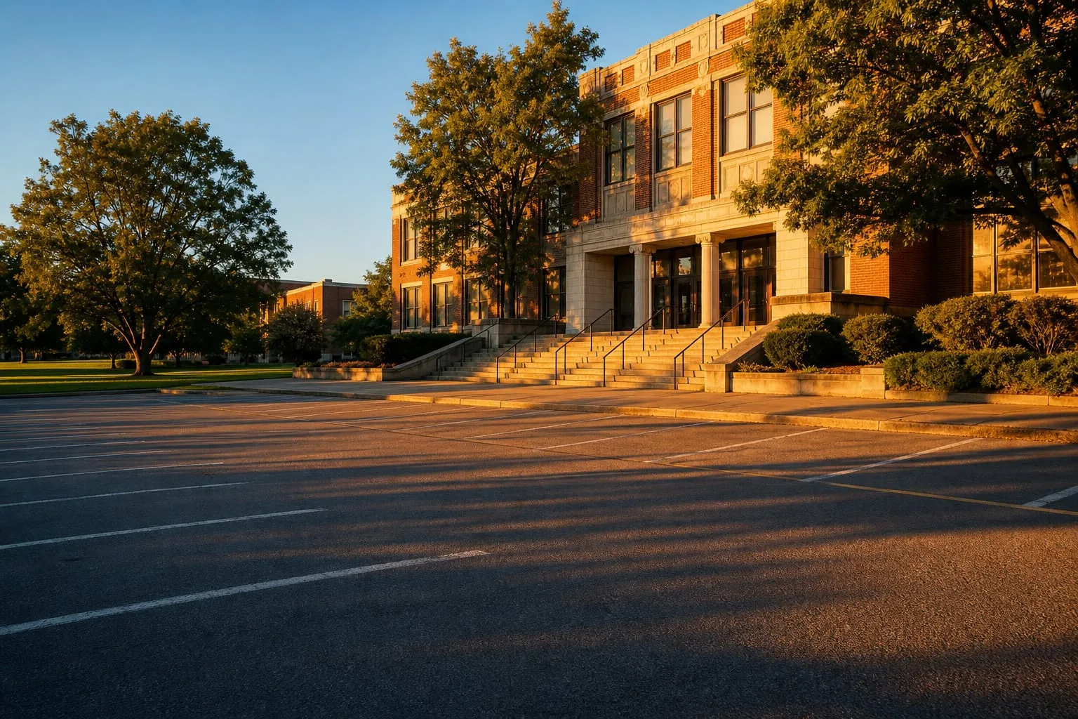 The front steps of a high school building seen from across an empty parking lot with long shadows falling across the pavement