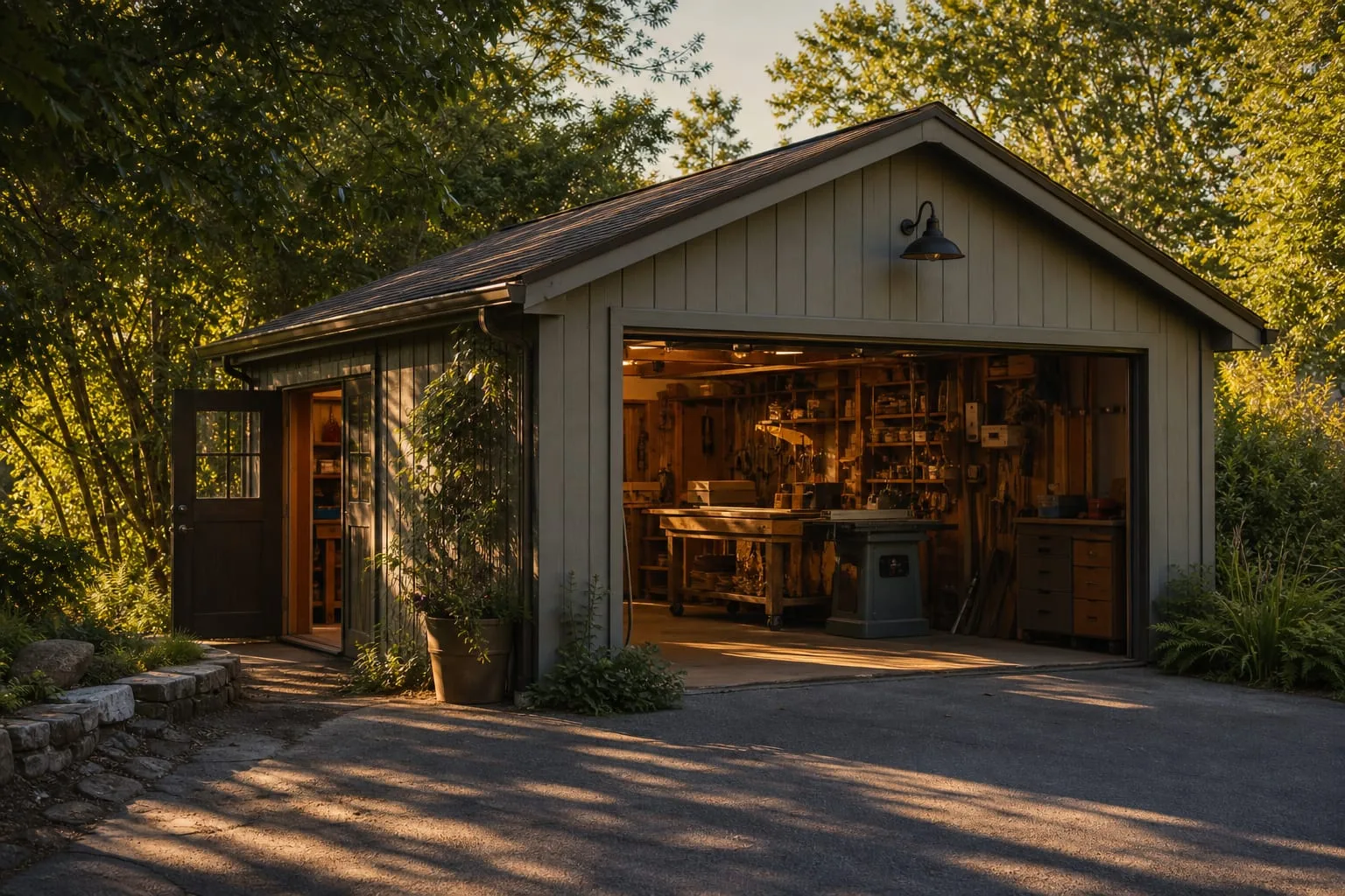 A detached garage converted into a workshop, seen from the driveway, with the side door propped open and tools visible inside