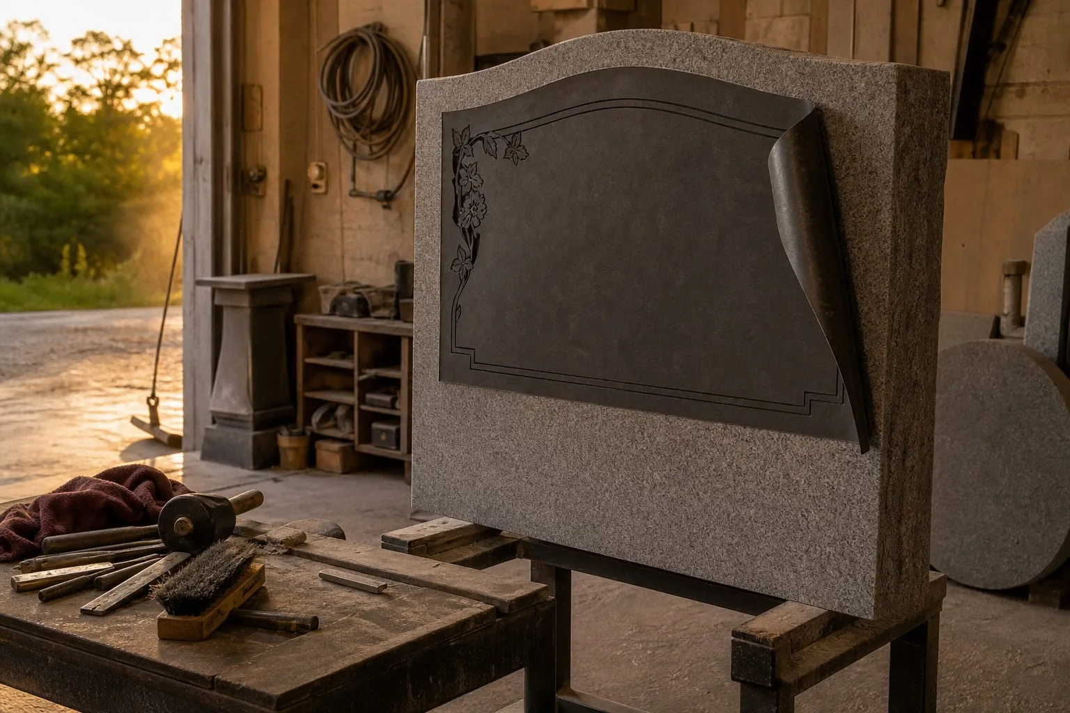 A granite monument shop interior with an upright gray granite blank on a work stand, a rubber stencil partly applied to its face, and hand tools on a nearby...