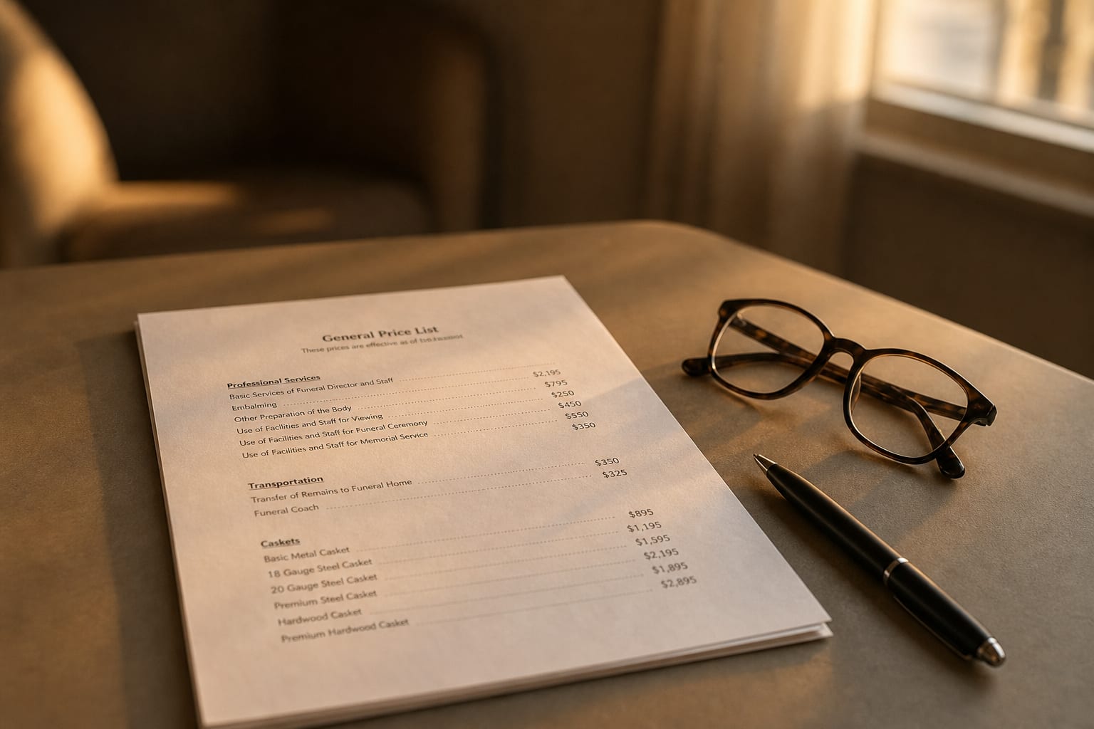 A printed funeral home general price list on a plain table beside a pen and a folded pair of reading glasses