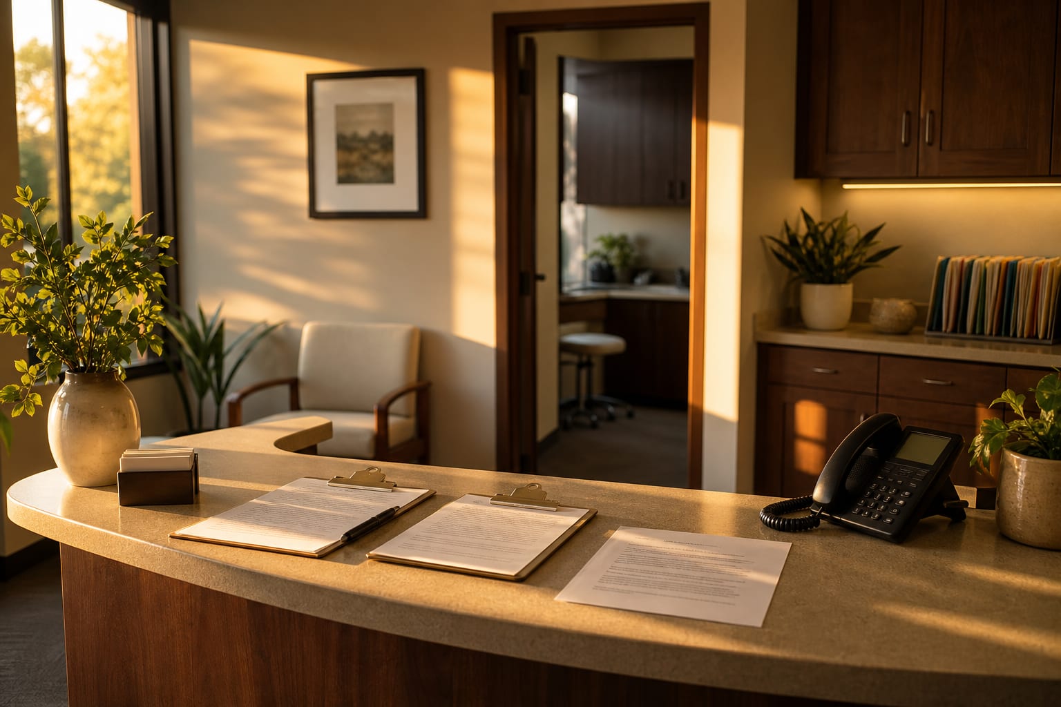 A front desk in a small private medical office, with intake clipboards, a printed financial policy sheet, and a desk phone, no people visible