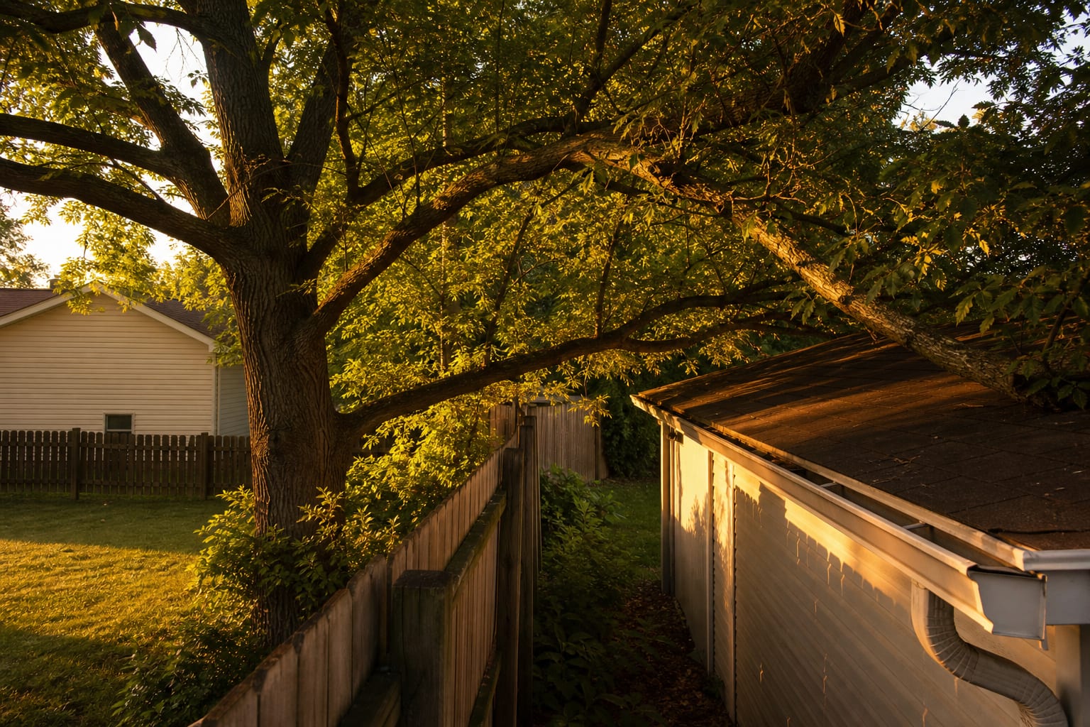 A mature deciduous tree growing directly along a wooden property-line fence between two suburban backyards, with heavy limbs extending over the fence toward...