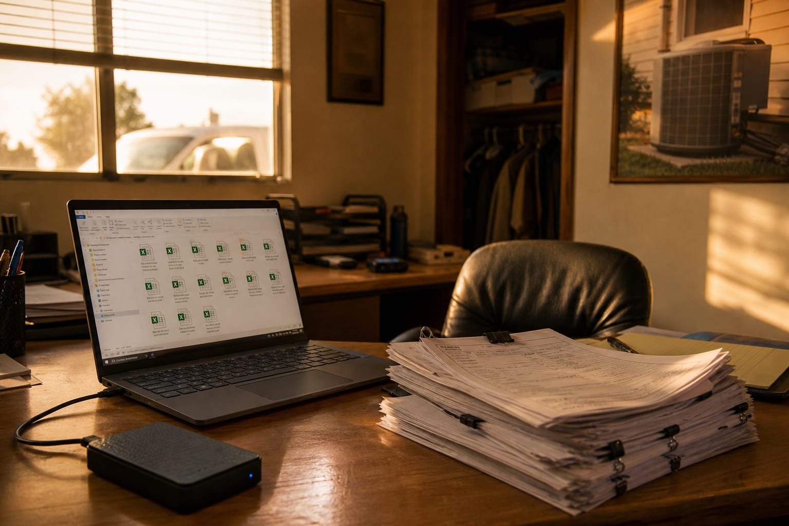 An office desk with a laptop showing a folder of exported spreadsheet files, beside a stack of printed work orders and an external hard drive, in a small HVA...