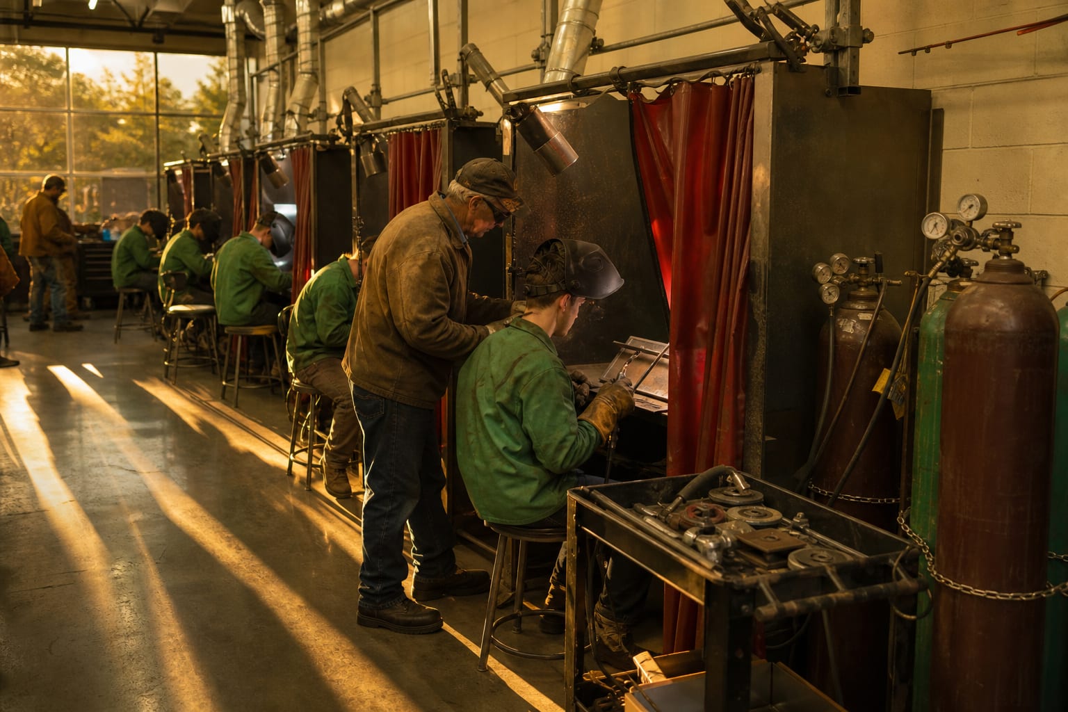 A community college welding lab with students at individual booths, an instructor in work clothes checking a student's bead, tool carts and gas cylinders alo...