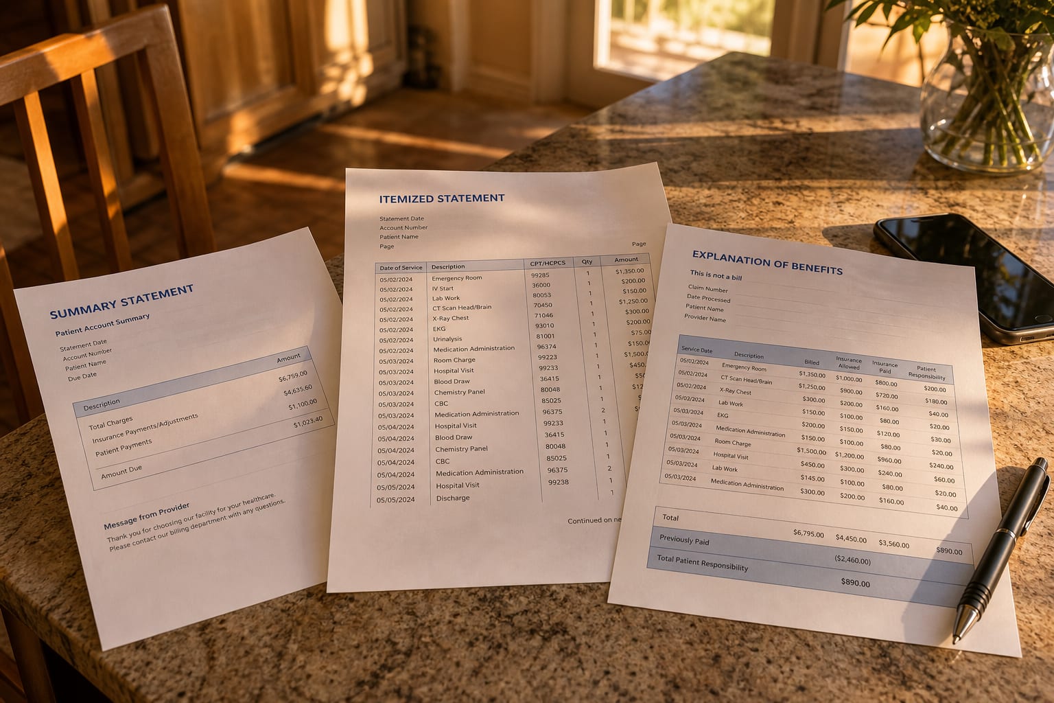 Three medical billing documents laid out overlapping on a kitchen table: a short summary statement, a long multi-page itemized statement with coded line item...