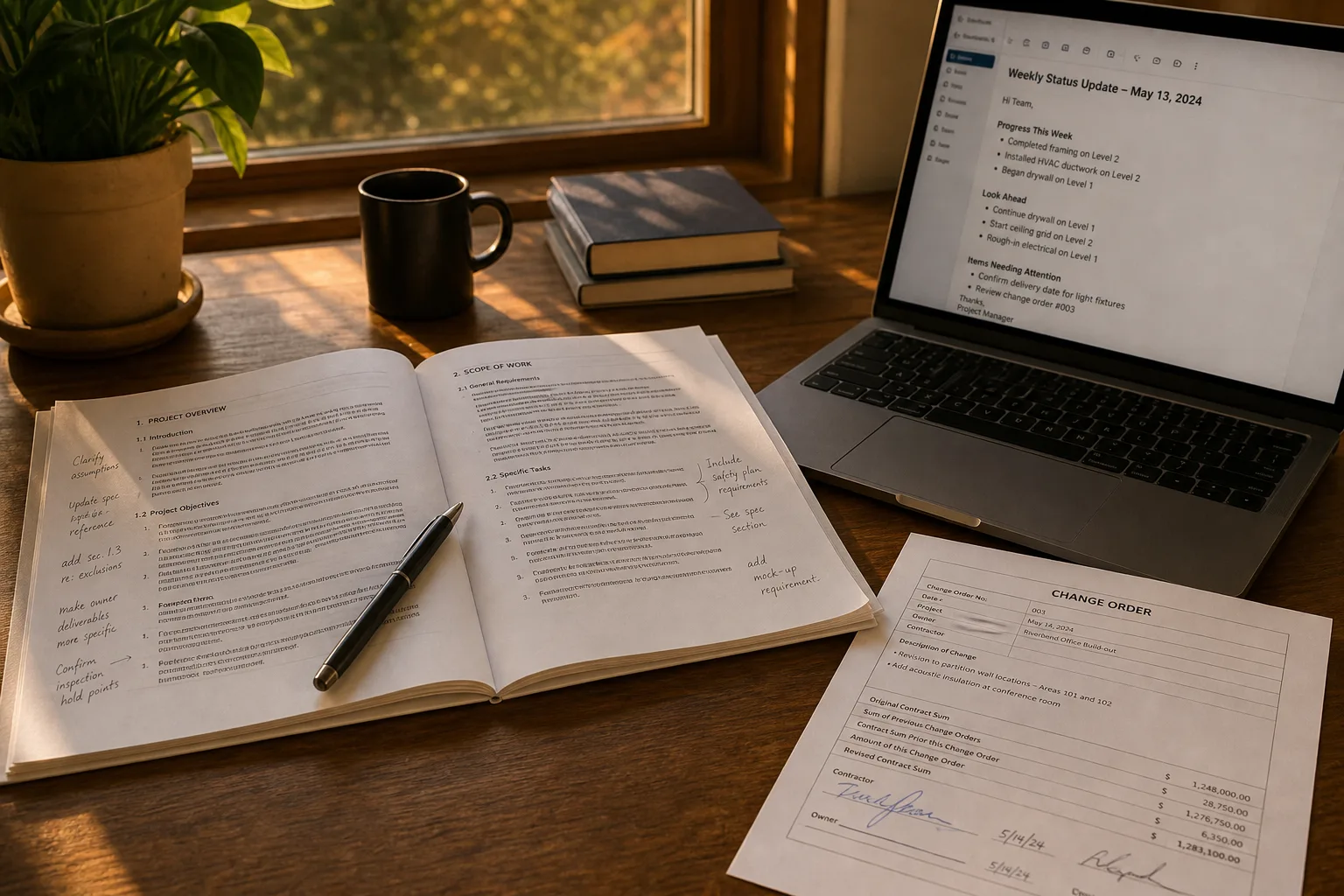 A two-page printed statement of work on a desk with handwritten notes in the margin, beside a signed change order form and a laptop showing a short weekly st...