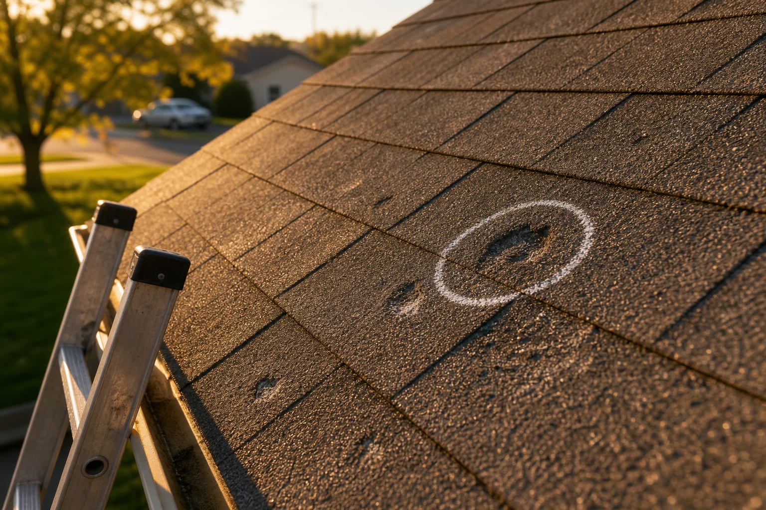 Close-up of an asphalt shingle roof slope with visible hail impact marks and granule loss, a chalk circle drawn around one dent, with a ladder edge visible a...