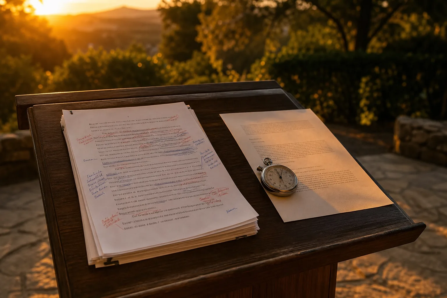 A printed speech manuscript on a lectern, pages marked with handwritten edits in two different colors of ink, beside a stopwatch and a single-page engagement...