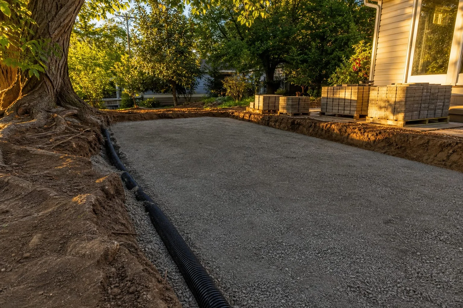 An excavated backyard patio area showing a deep compacted crushed stone base with a perforated drainage pipe running along one edge, stacked pallets of unlai...