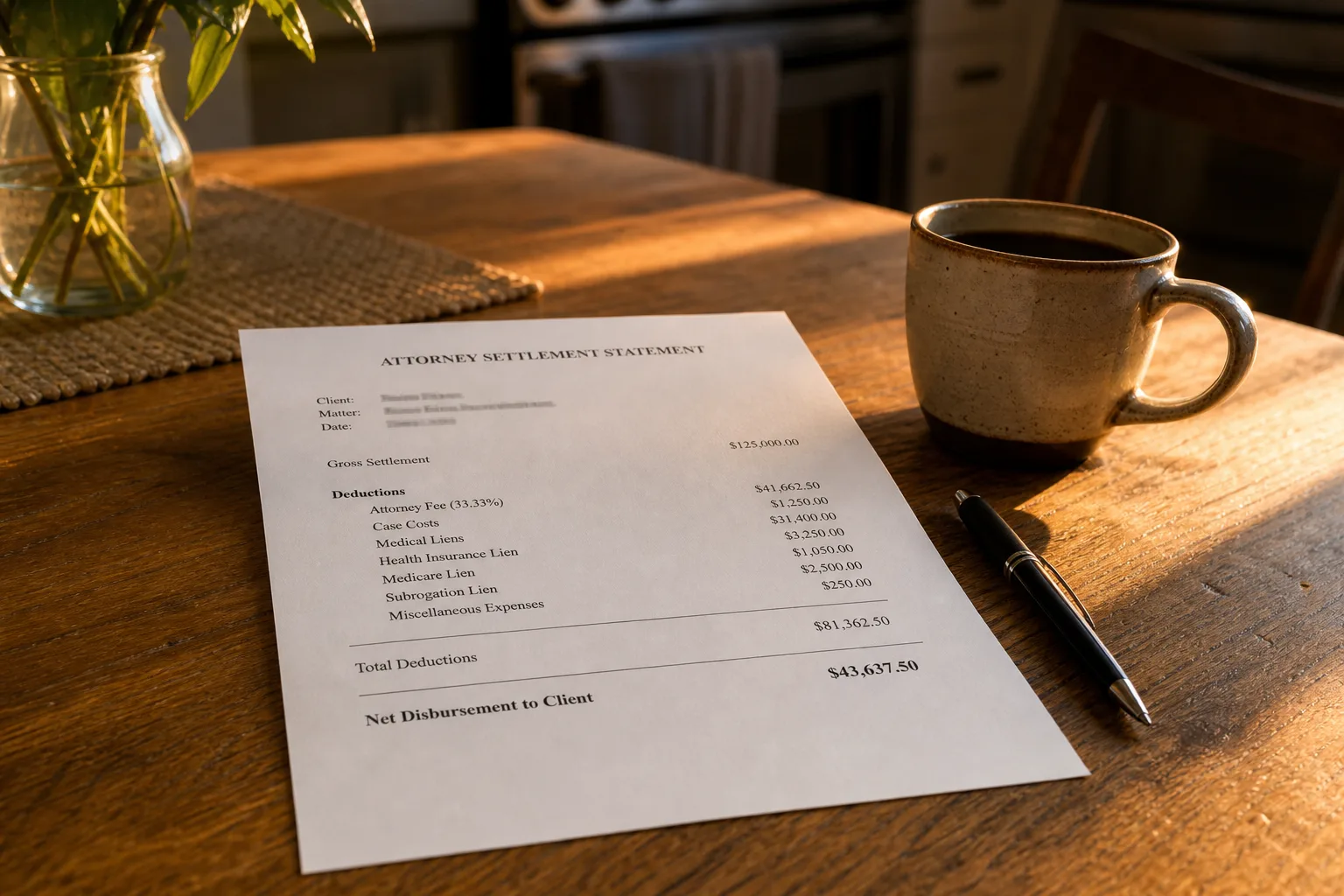 A one-page attorney settlement statement on a kitchen table beside a pen and a coffee cup, showing itemized deductions and a final disbursement figure