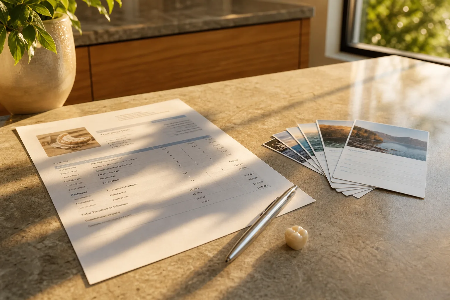 A printed itemized dental or clinical treatment plan on a counter beside a pen and a small sample crown, with appointment cards fanned out next to it