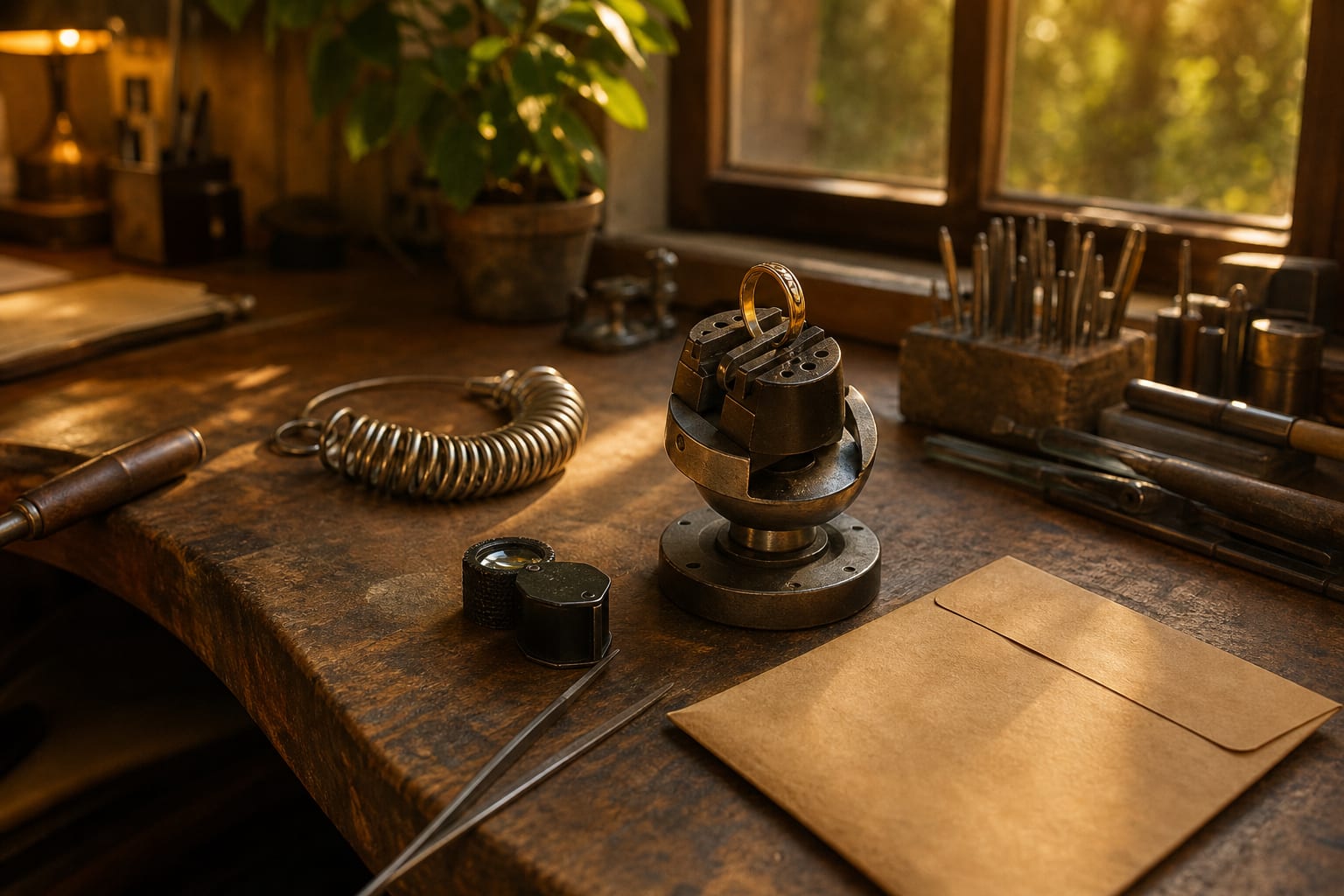 A jeweler's workbench with a gold ring held in a ring clamp, sizing gauges and a loupe beside it, and a paper repair envelope on the counter