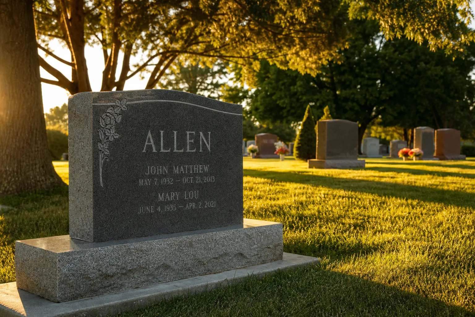 A granite upright headstone with crisp sandblasted lettering set on a level foundation in a lawn cemetery section, with other markers receding into the backg...