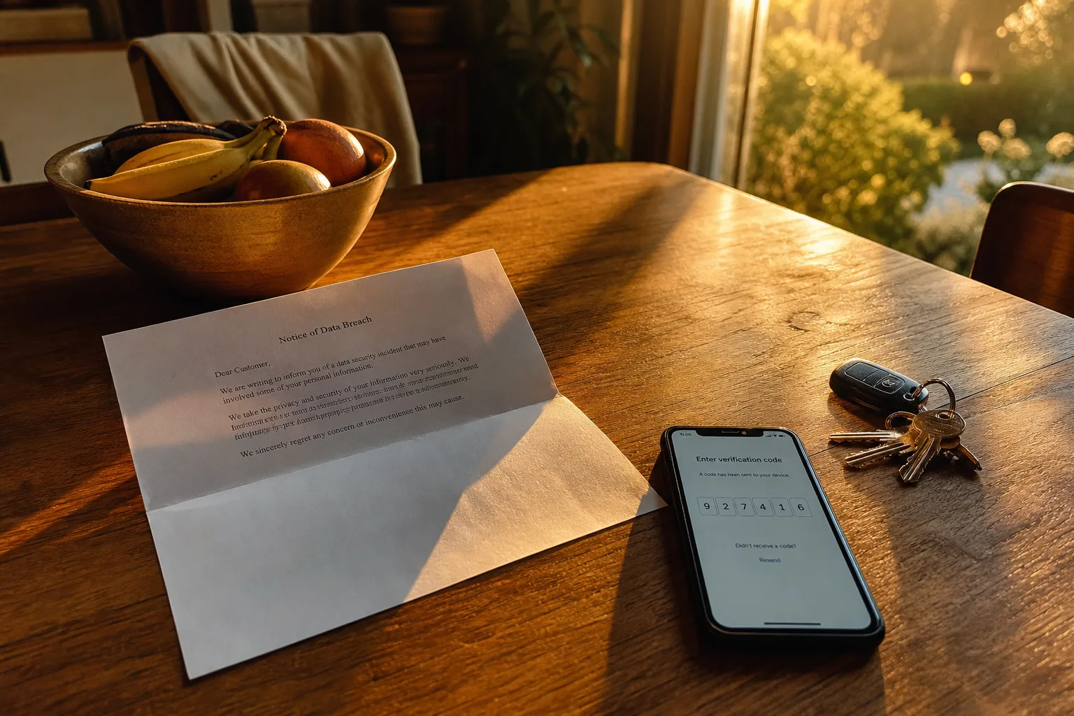 A kitchen table with an opened data breach notification letter beside a smartphone showing a verification code screen and a set of keys