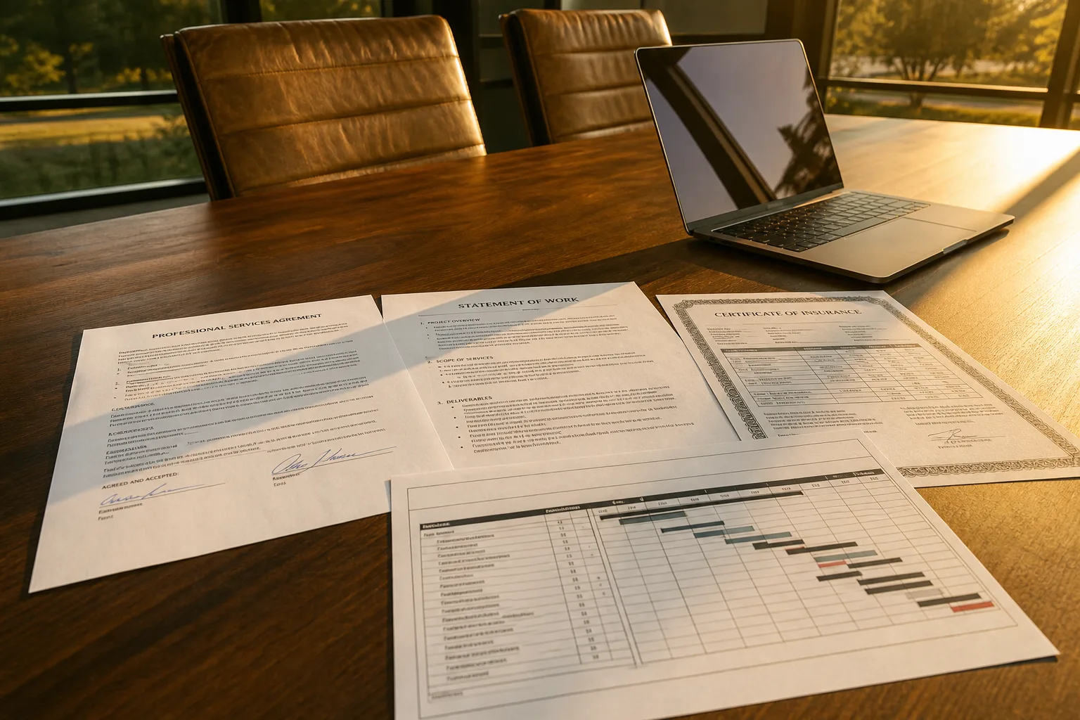 A signed professional services contract and statement of work spread across a conference table beside a laptop, a certificate of insurance, and a printed pro...