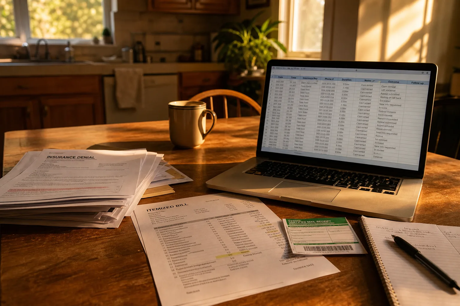A kitchen table with a stack of insurance denial letters, an itemized medical bill, a certified mail receipt, and a laptop showing a spreadsheet log of phone...
