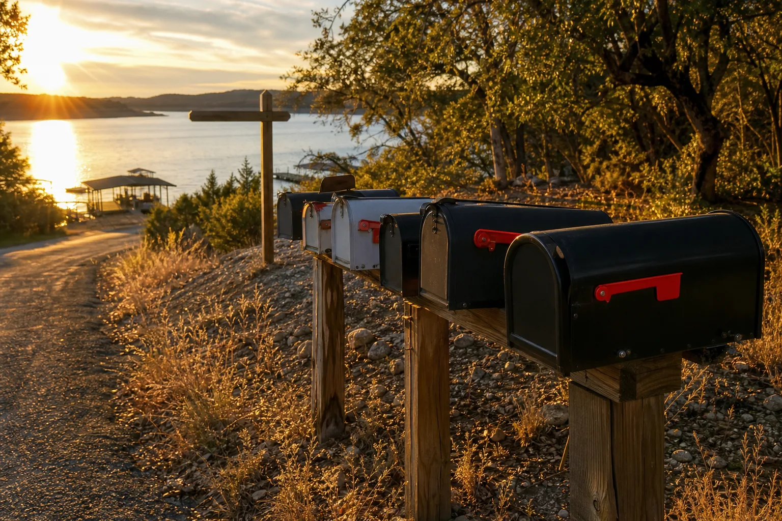 A row of residential mailboxes at the end of a lakeside street in Texas hill country, with a for-sale sign post standing empty behind them