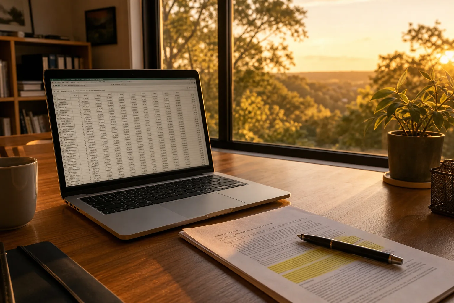 A laptop on an office desk showing a spreadsheet of exported records, beside a printed software contract with a highlighted paragraph and a pen resting on it