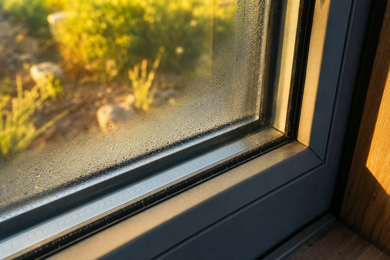 Close view of a double glazed window unit showing condensation trapped between the two panes of glass, with the metal spacer bar and edge seal visible at the...