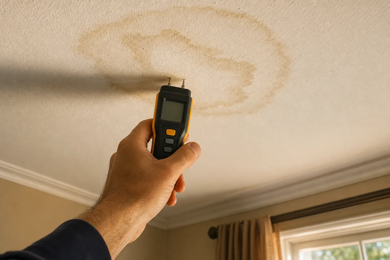 A faded brown water stain ring on a white bedroom ceiling, with a handheld pin-type moisture meter held up against it