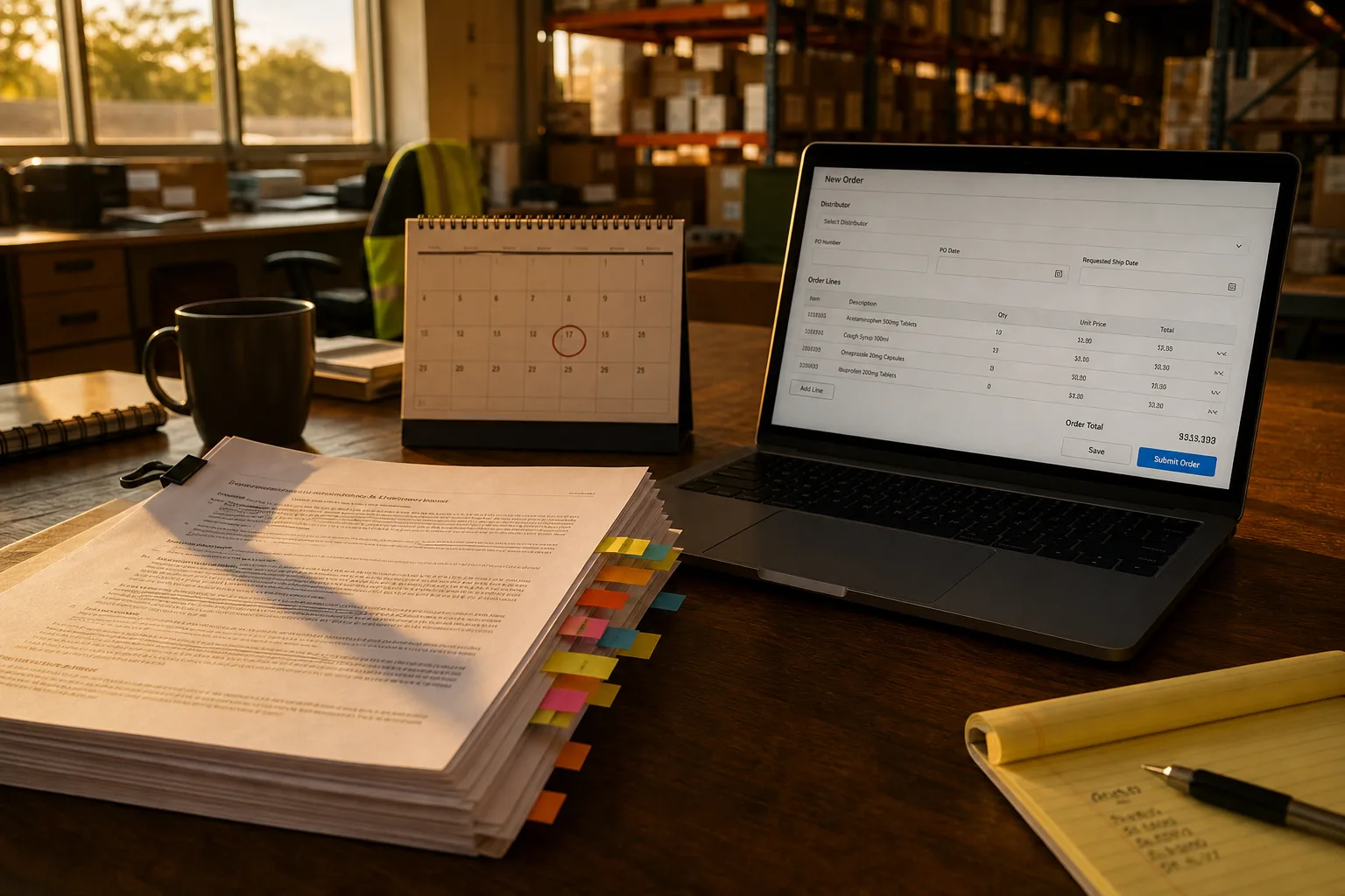 A warehouse office desk with a thick printed software contract, sticky tabs marking several pages, a desk calendar with one date circled, and a laptop showin...