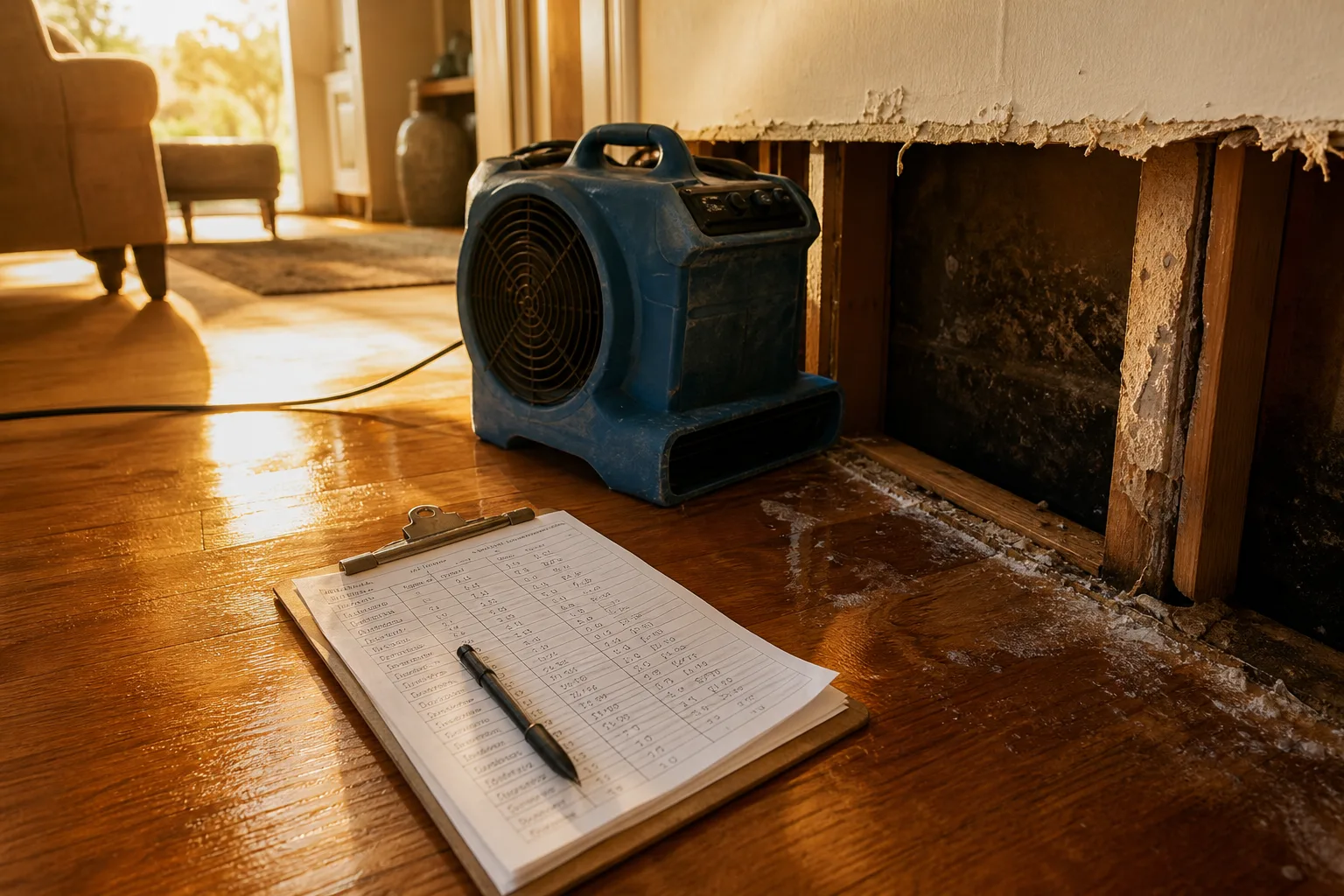 A technician's clipboard with a handwritten moisture reading log resting on a wet hardwood floor beside an air mover and a section of cut-away drywall in a r...